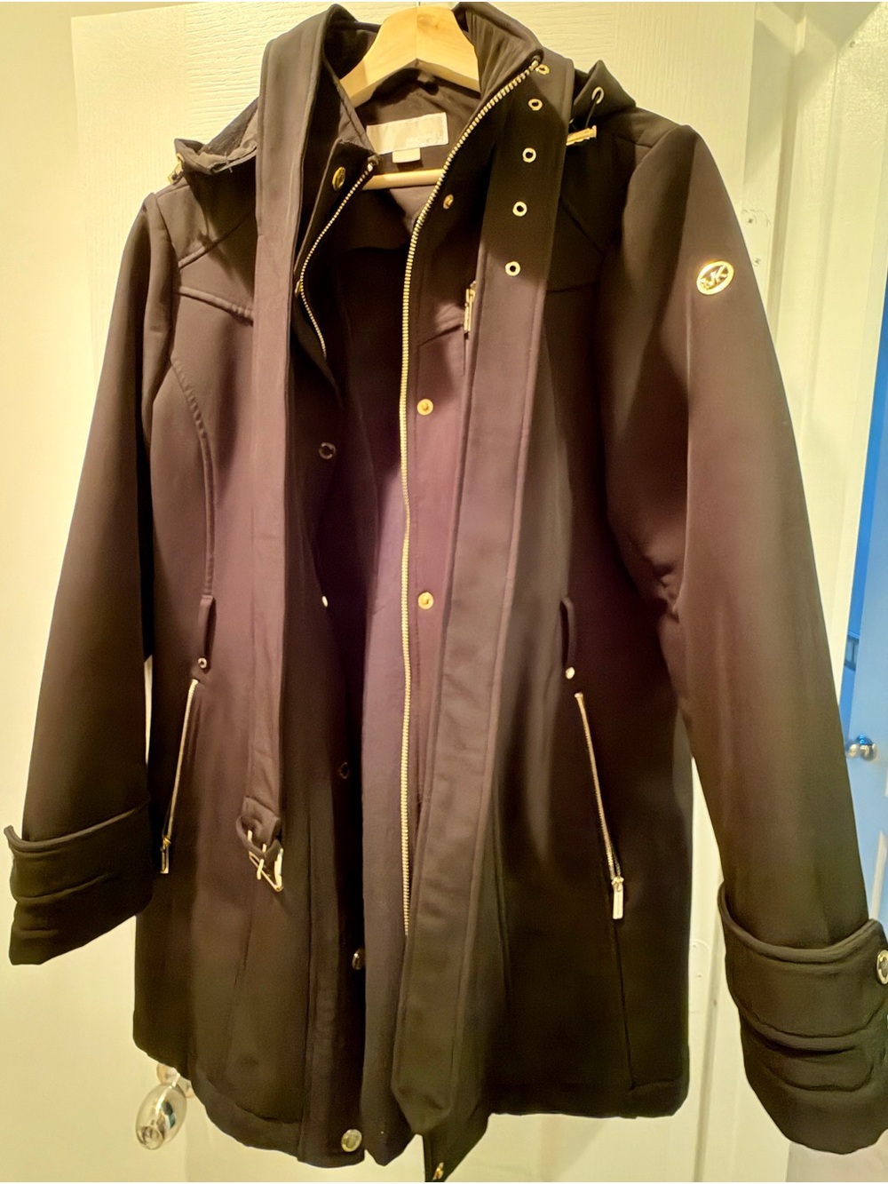 Michael Kors Black Hooded Trench with Gold Accents
